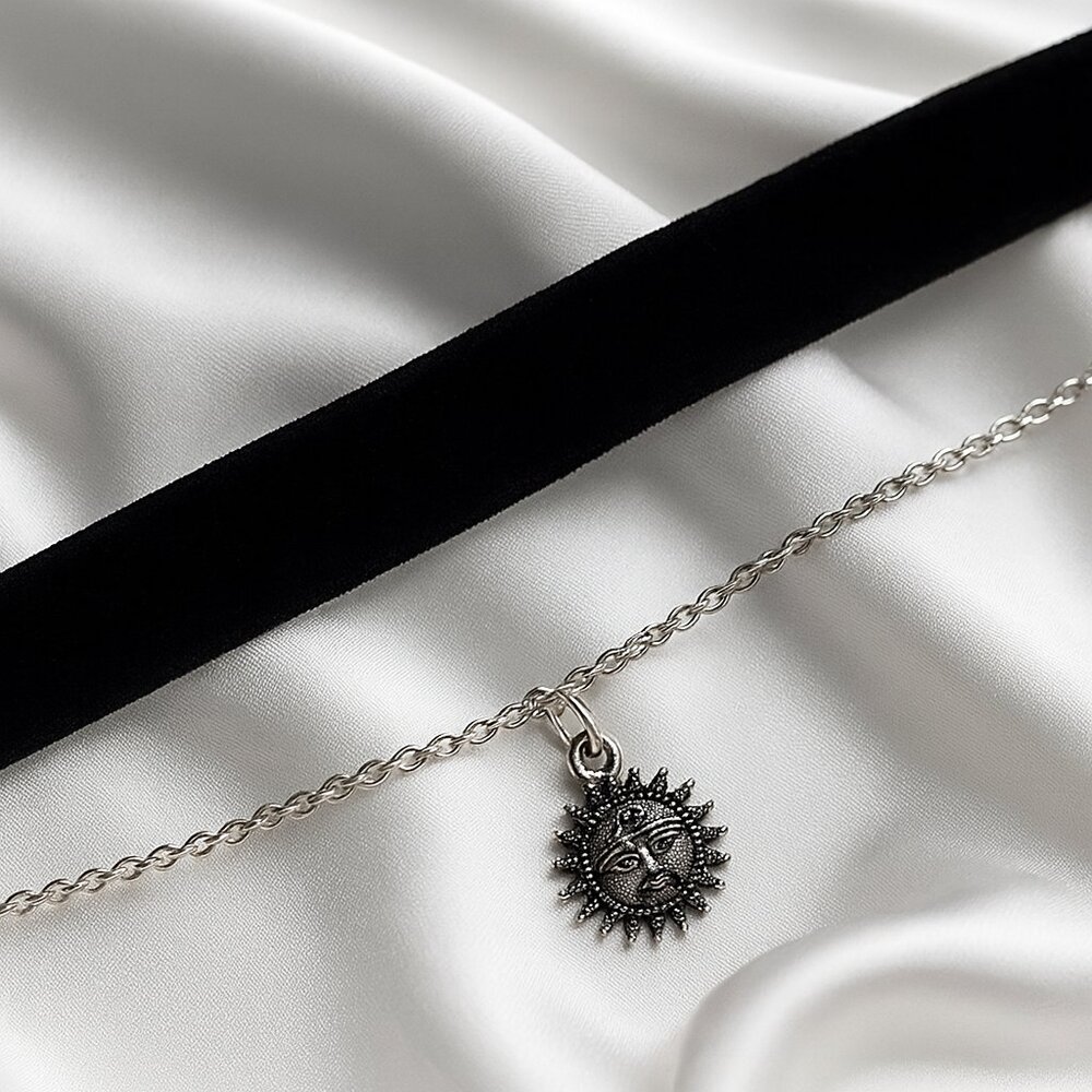 Black Velvet Choker w/ Silver Sunburst Pendant – Velvet & Chain Layered Jewelry